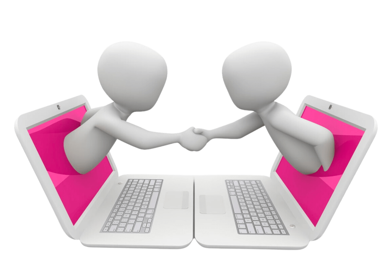 Two laptops with animated people shaking hands