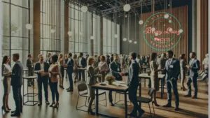 People networking in a modern conference setting, engaging in conversations, handshakes, and exchanging business cards, with a large Bizzy Lizzy Services logo in the background.